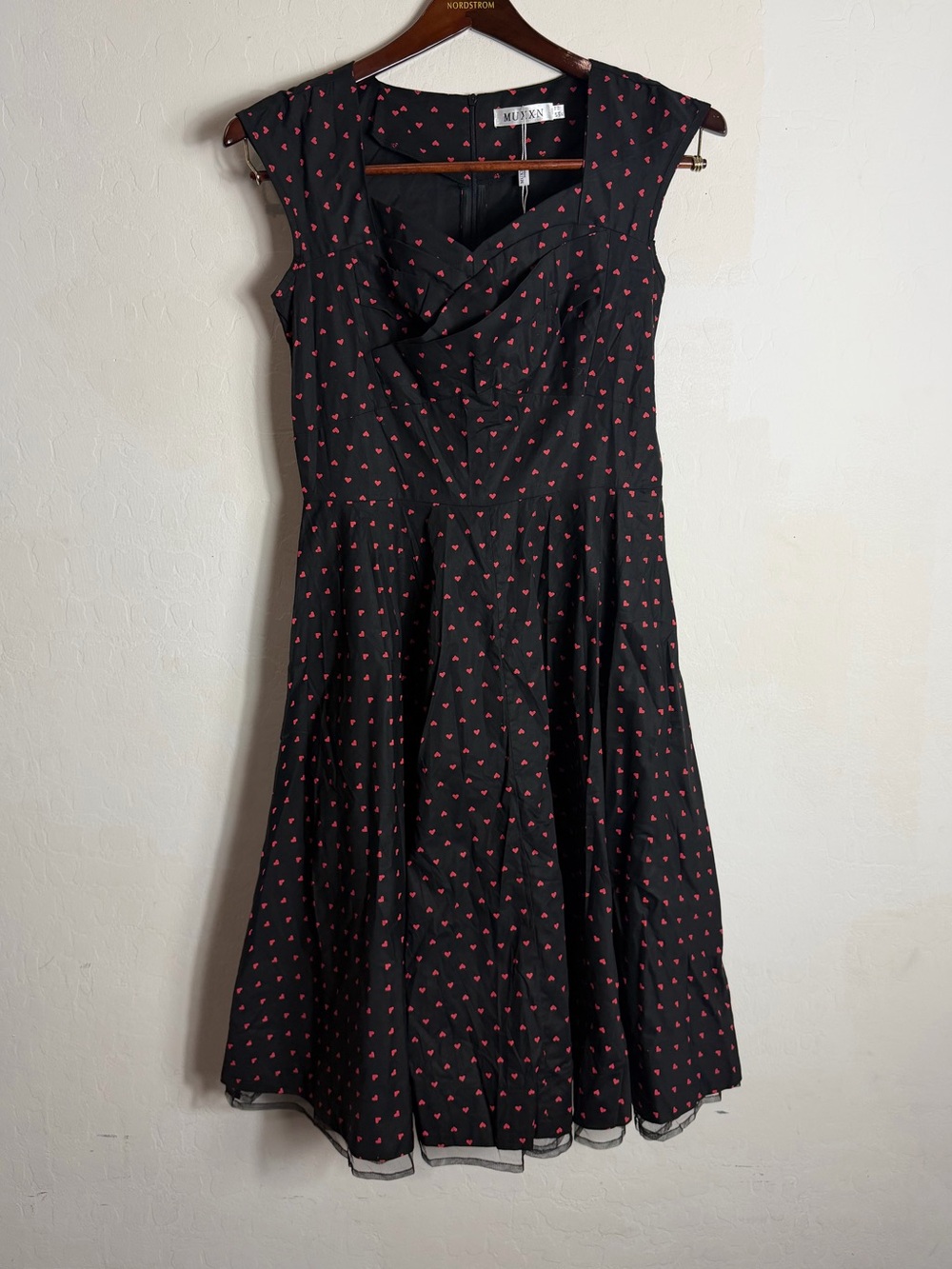 Retro Black Midi Dress with red Heart Print